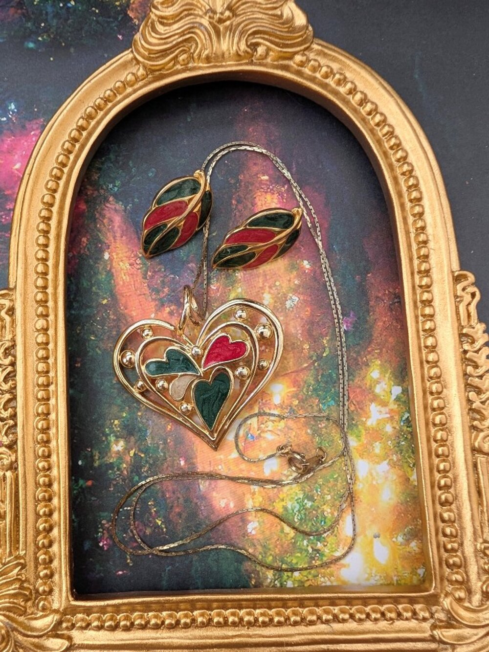 Vintage Enamel Heart Necklace + Matching Leaf Earrings